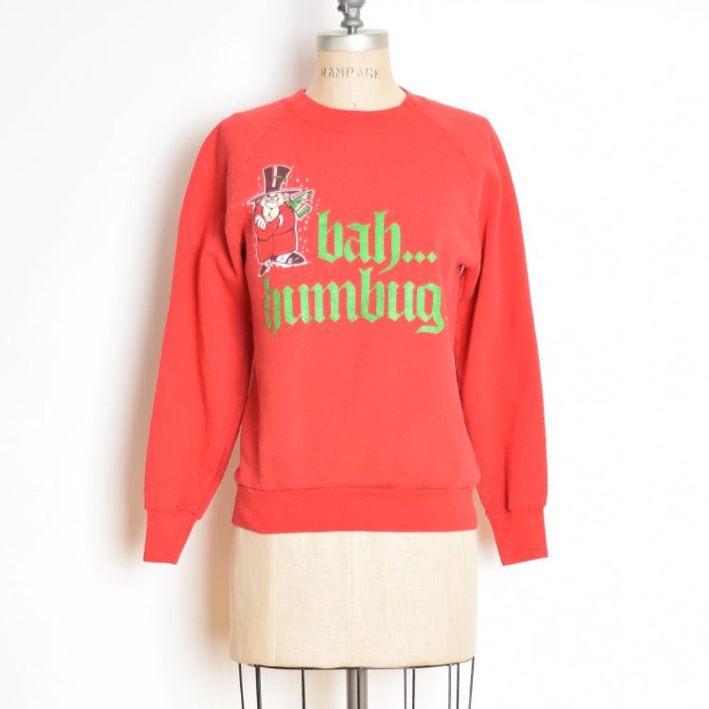 Vintage 80s Red Sweatshirt Scrooge Print Bah Humbug Raglan Tee Top Shirt S M